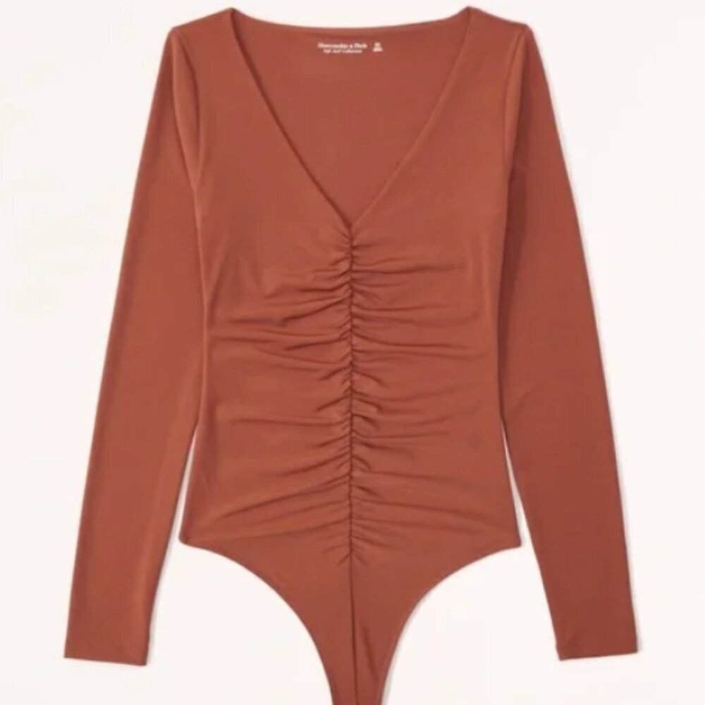 ☀️ ABERCROMBIE & FITCH Long Sleeve Ruched V Neck Bodysuit Rust Orange Brown - Picture 7 of 8